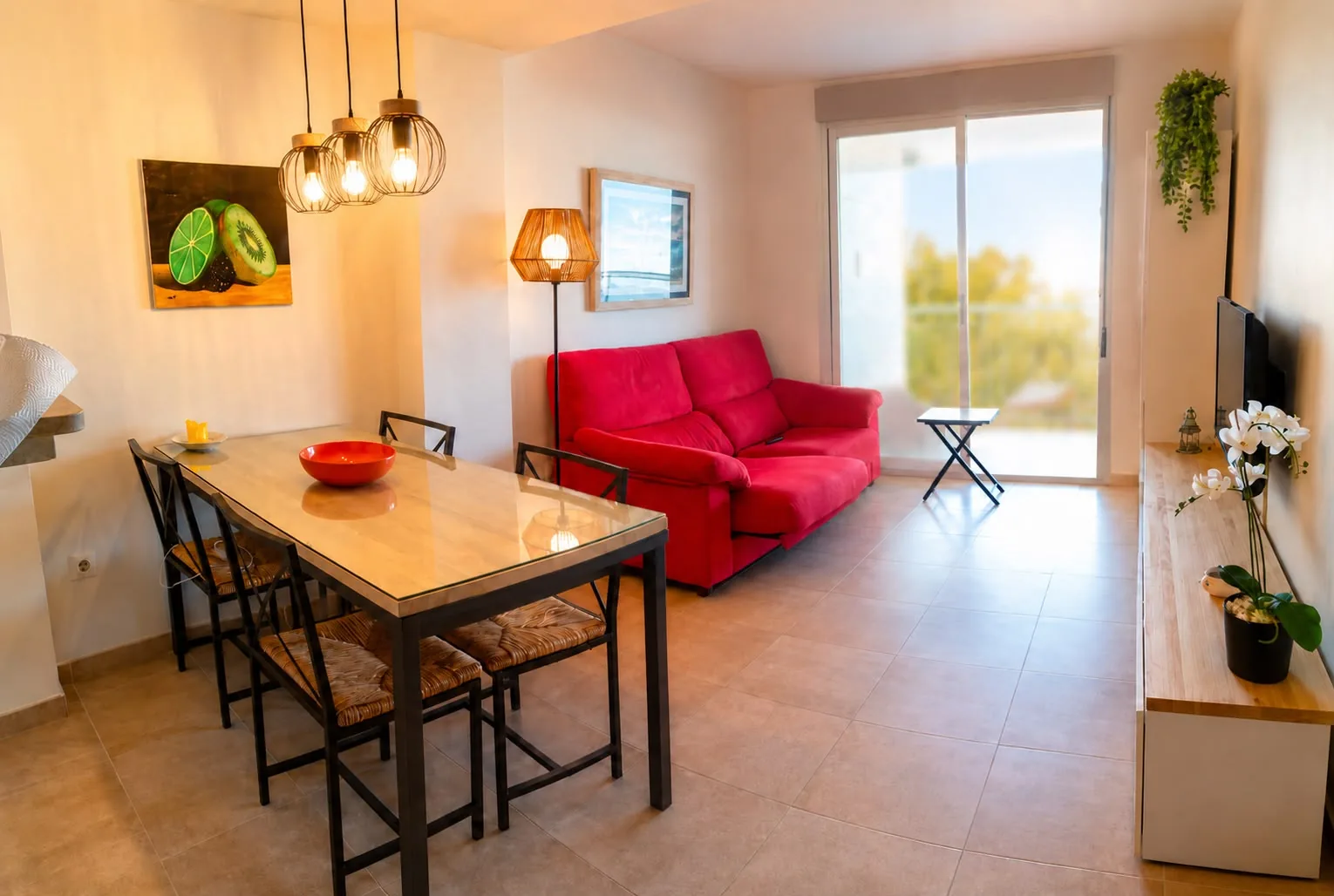 Séjour avec canapé rouge, table et quatre chaises, et accès à la terrasse